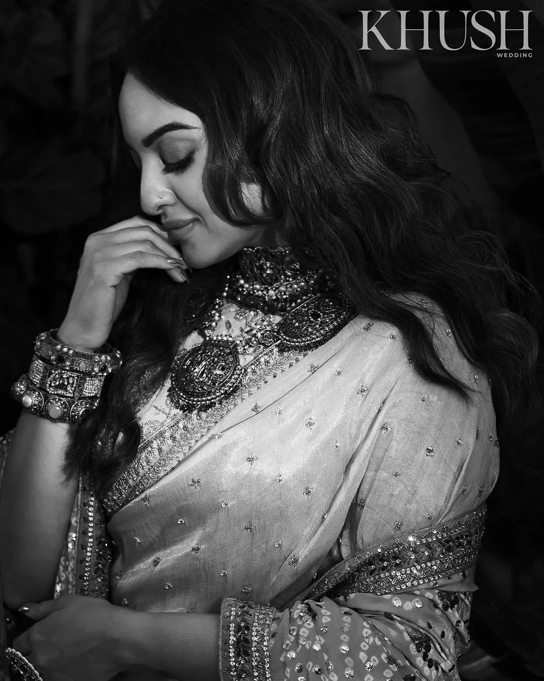 Sonakshi Sinha Wearing Beautiful Earrings Jewellery White Saree